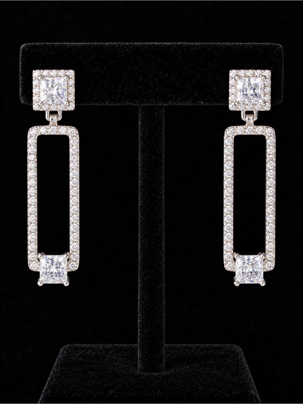 Silver Crystal Rectangular Drop Earrings